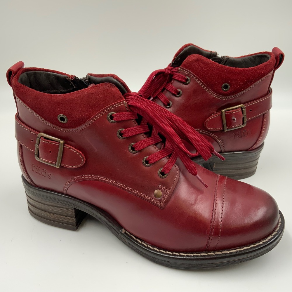 Taos Crave Red Leather Suede Lace Up Combat Ankle Boots Women 38 Side Zip Buckle